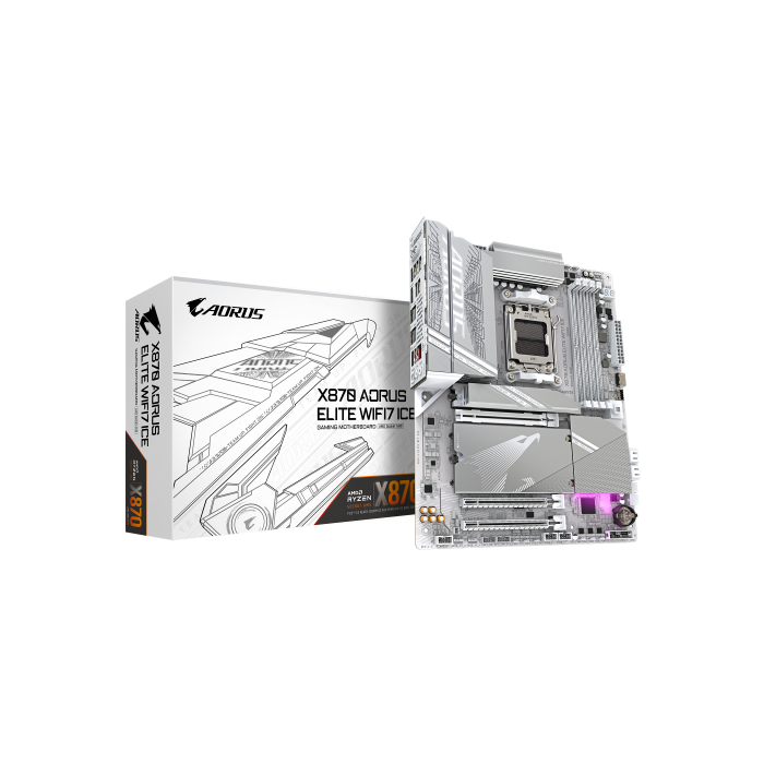 GIGABYTE Placa base X870 A ELITE WF7 ICE - Compatible con CPUs AMD Ryzen 9000, VRM digital de 16+2+2 fases, hasta 8000MHz DDR5 (OC), 4xPCIe 5.0 + 4xM.2, Wi-Fi 7, LAN 2.5GbE, USB 3.2 Gen 2x2 GIGABYTE Placa base X870 A ELITE WF7 ICE - Compatible con CPUs AMD Ryzen 9000, VRM digital de 16+2+2 fases, hasta 8000MHz DDR5 (OC), 4xPCIe 5.0 + 4xM.2, Wi-Fi 7, LAN 2.5GbE, USB 3.2 Gen 2x2