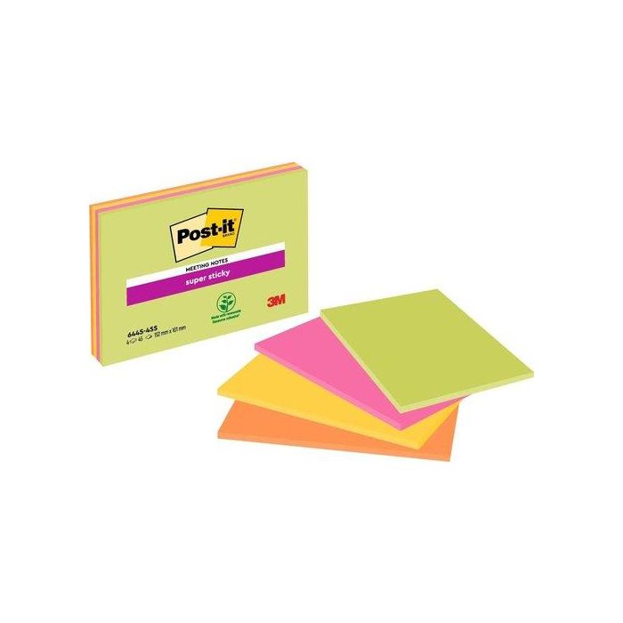 Post-it Super Sticky Bloc de Notas Adhesivas 152x101mm 45 Hojas Pack de 4 Unidades Colores Neón