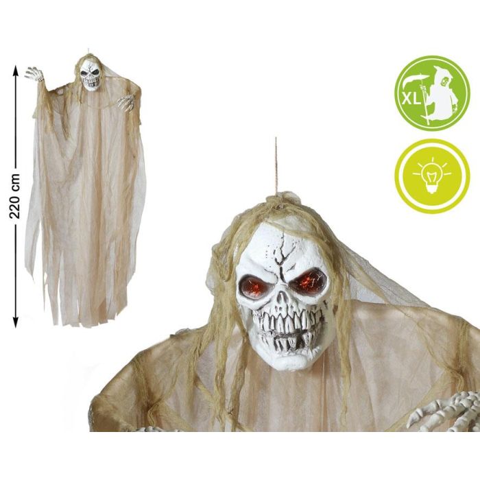 Calavera Colgante Halloween 220 cm Con Ojos Iluminados Y Capa Beige