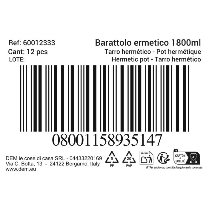 Inde Tarro Hermético 1,80L 10,8x29,1 cm (12 Unidades)