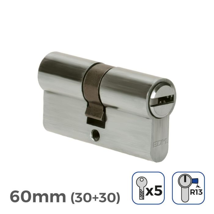 Cilindro 60mm (30+30mm) niquelado, leva corta r13 con 5 llaves seguridad incluidas Cilindro 60mm (30+30mm) niquelado, leva corta r13 con 5 llaves seguridad incluidas