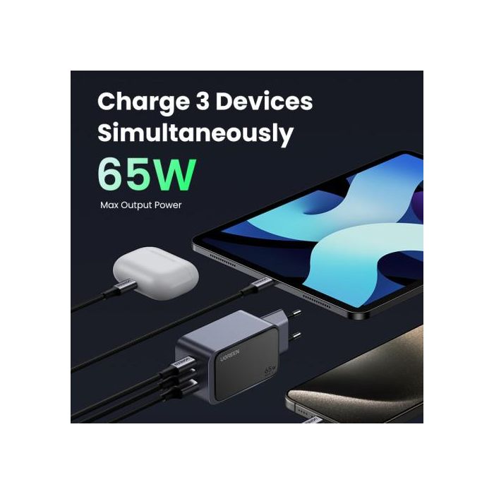 UGREEN 35042 Cargador Nexode Air 65W, 2x USB-C, 1x USB-A, Carga Rápida, Gris