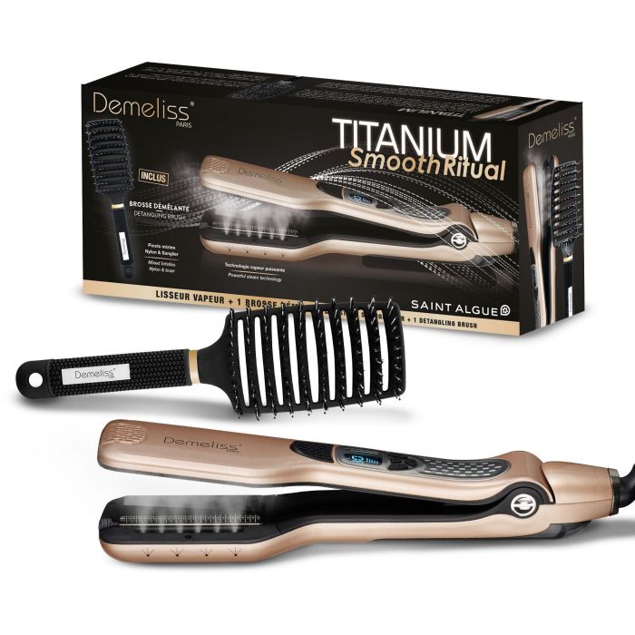 Plancha de pelo a vapor - SAINT ALGUE - Set de regalo Demeliss TITANIUM SMOOTH RITUAL - Cepillo desenredante - Dorado