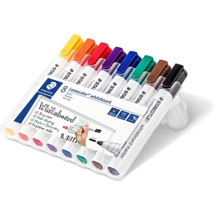 Staedtler Estuche 8 Pzas Lumocolor Whiteboard Marker 351 WP8, Surtido Colores, Tecnología Dry Safe