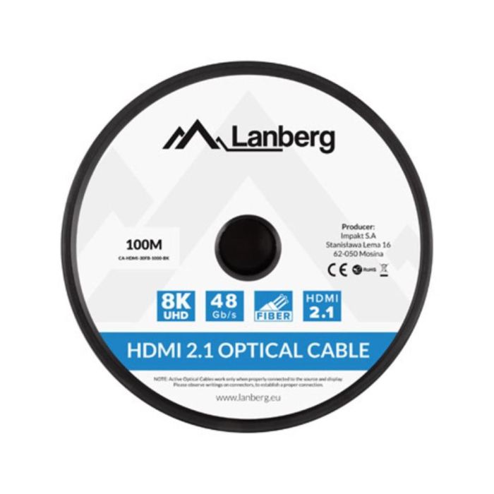 LANBERG CA-HDMI-30FB-1000-BK Cable HDMI 100 m HDMI Tipo A Macho Negro Versión 2.1 48 Gbit/s 3