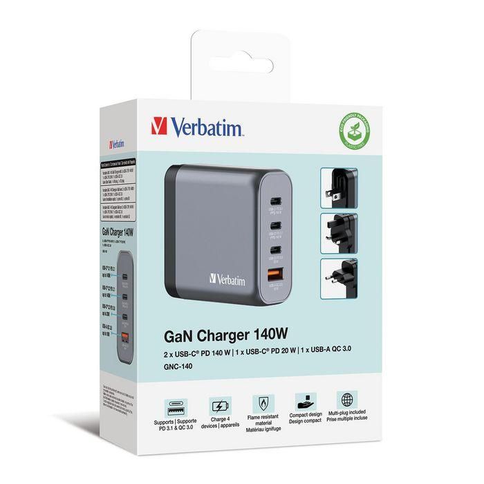 Verbatim Gnc-140 Cargador de Pared Gan 140W con 1 Puerto USB-A 3.0 y 3 Puertos USB-C 3.0 5