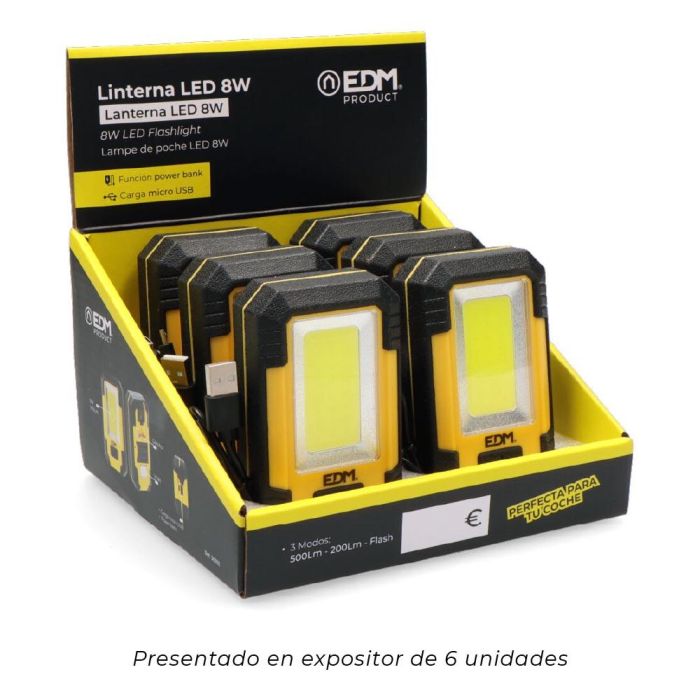 Edm Linterna LED 8W COB 450lm 6500K Recargable USB con Función Power Bank 4