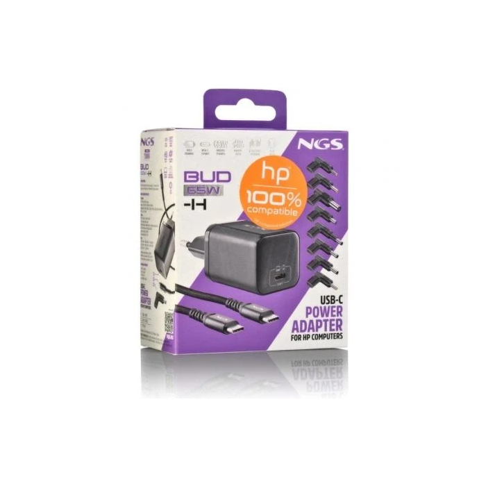 NGS Cargador GaN USB-C Portátil BUD65W-H 65W Power Delivery para HP con 8 Conectores y Voltaje Automático 5-20V 4