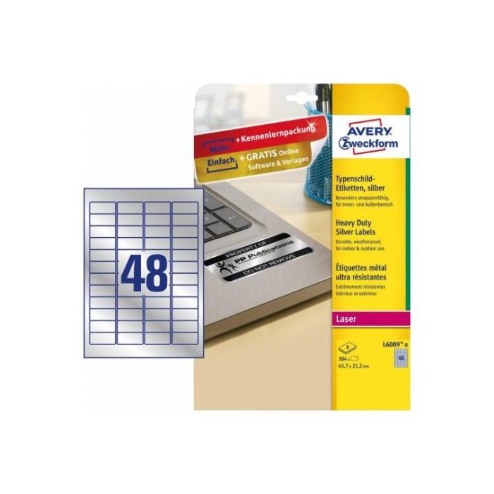 Etiquetas Adh.Impr.Avery A4 Polyester Plata C.Romos Laser Caja 8H 45,7X21,2 Mm 384 Uds.(L6009) 1