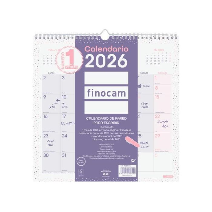 Finocam Calendario de Pared para Escribir 30x30 cm MV Chic Morado 2026 – Encuadernado con Espiral, Colgador y Espacio para Notas