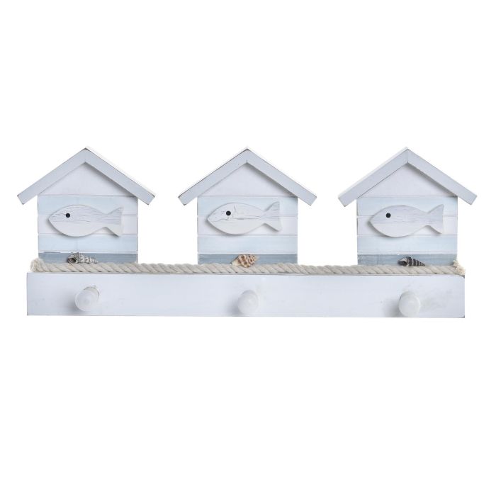 DKD Home Decor Perchero de Pared Mediterráneo con Diseño Casitas, Madera y Cuerda Azul y Blanco, 36x5x13 cm