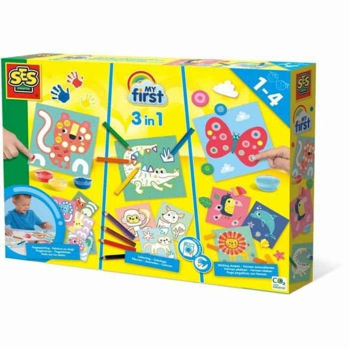 Ses Creative My First Kit de Actividades 3 en 1: Pintura de Dedos, Colorear y Formas Adhesivas para Completar Animales, Súper Seguro.