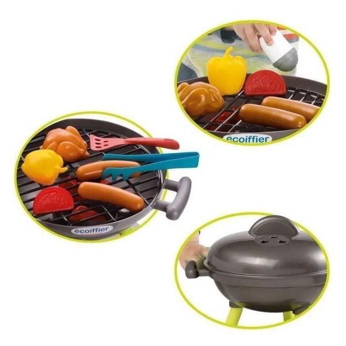 Ecoiffier 4668 Barbacoa de carbón de juguete gris con accesorios, alimentos y utensilios para niños +18 meses 4
