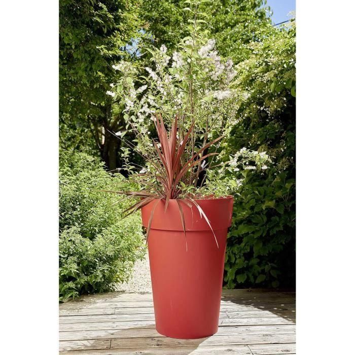 Eda Jarrón Toscano Alto Maceta de Polipropileno Redonda Exterior Interior Rojo Rubí Ø 46 x H 65 cm 67 L Resistente Heladas y UV 1