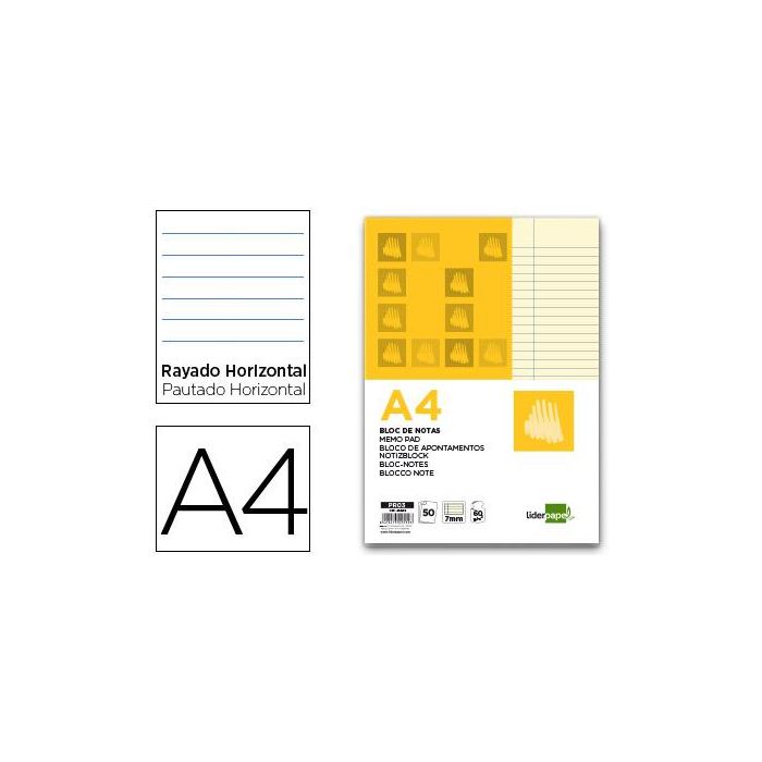 Bloc Notas Liderpapel Horizontal A4 50 Hojas Amarillas 60 gr-M2 Encolado