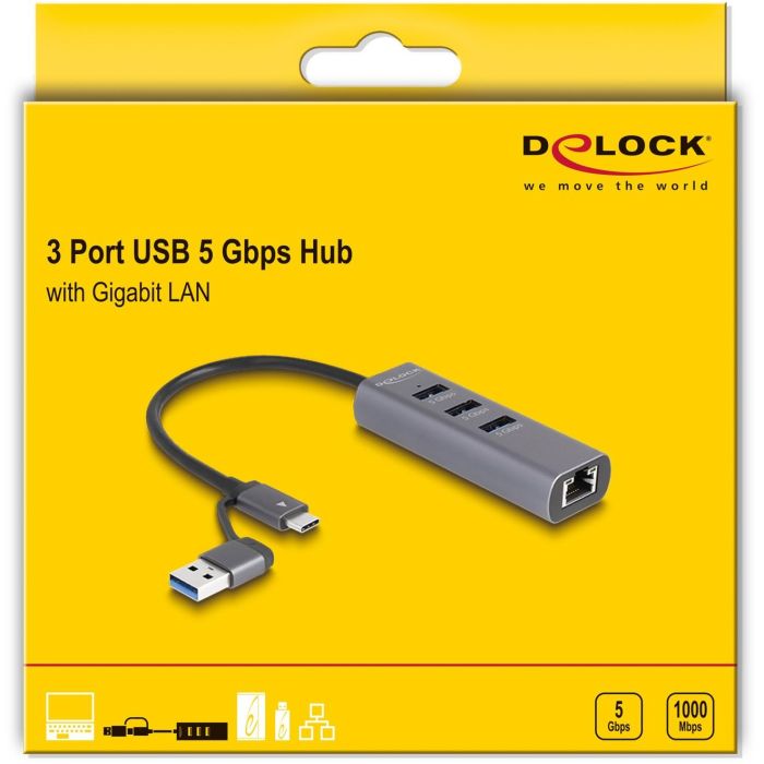 DELOCK 3 Port USB 5 Gbps Hub + Gigabit LAN mit USB Type-C oder USB Typ-A Anschluss im Metallgehuse 3 DELOCK 3 Port USB 5 Gbps Hub + Gigabit LAN mit USB Type-C oder USB Typ-A Anschluss im Metallgehuse 3
