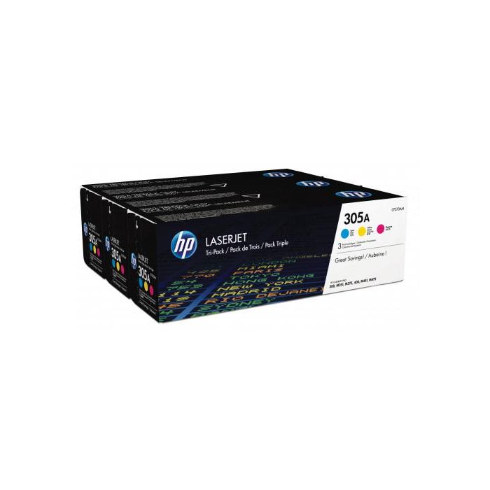 HP Cartuchos de Tóner Original LaserJet 305A Cian, Magenta, Amarillo - Pack de 3 Unidades con Rendimiento de 2600 Páginas Cada Uno