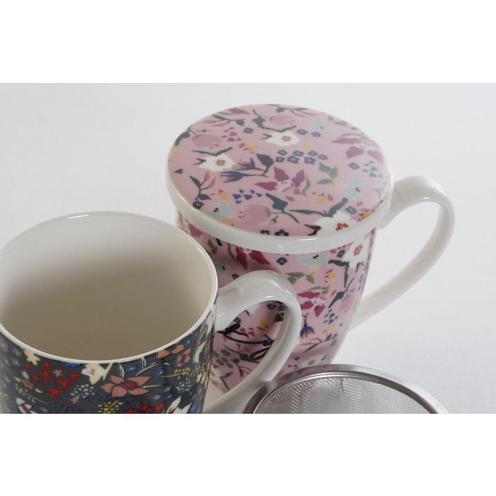 DKD Home Decor Mug Infusiones Shabby Multicolor Rosa Porcelana y Acero Inoxidable 380ml 12 Unidades 8.3 x 11 x 12 cm 2