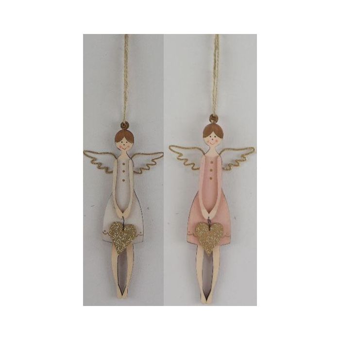 DKD Home Decor Decoración Colgante Navidad Fantasía Ángel Madera Rosa Palo Blanco, 24 Unidades, Surtido Aleatorio
