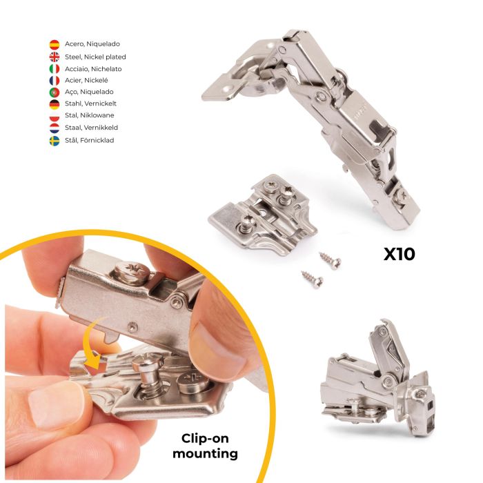 Emuca Lote de 10 bisagras rectas X91 apertura 165 grados con cierre suave y suplementos Euro, Altura 0, Acero, Niquelado 2