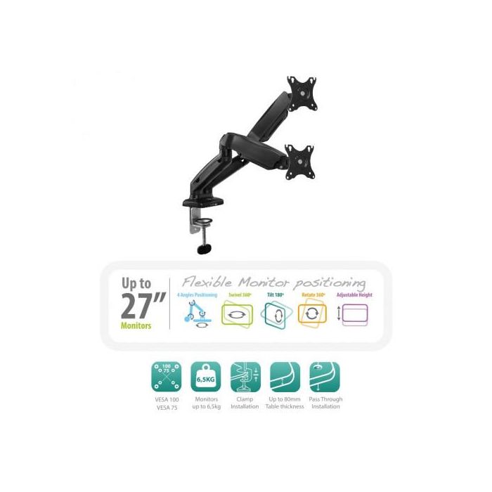 Ewent EW1516 Soporte Dual Ergonómico de Escritorio con Resorte de Gas para 2 Monitores hasta 32 Pulgadas, VESA, USB 3.1, Negro 1 Ewent EW1516 Soporte Dual Ergonómico de Escritorio con Resorte de Gas para 2 Monitores hasta 32 Pulgadas, VESA, USB 3.1, Negro 1