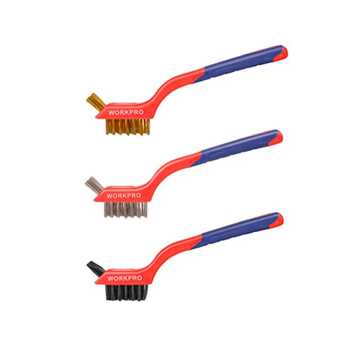 Workpro Cepillos de Alambre Soldador, Juego 3 Piezas Nylon, Latón, Acero Inoxidable Mango Bi-material