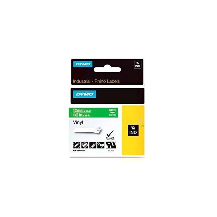 Dymo Rhino Cinta De Etiquetas Industrial Adhesiva Id1-12, Blanco Sobre Verde De 12 mmx5´5M, Vinilo Dymo Rhino Cinta De Etiquetas Industrial Adhesiva Id1-12, Blanco Sobre Verde De 12 mmx5´5M, Vinilo