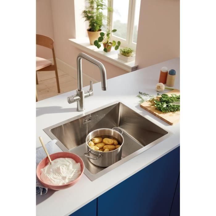GROHE 30595DC0 Grifo Cocina con Filtro de Agua Supersteel, Caño Alto en U, Rotación 150°, Blue Pure Start 1