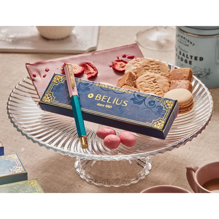 Boligrafo Belius Macaron Bliss Forma Hexagonal Color Rosa- Azul Y Dorado Tinta Azul Caja De Diseño 2