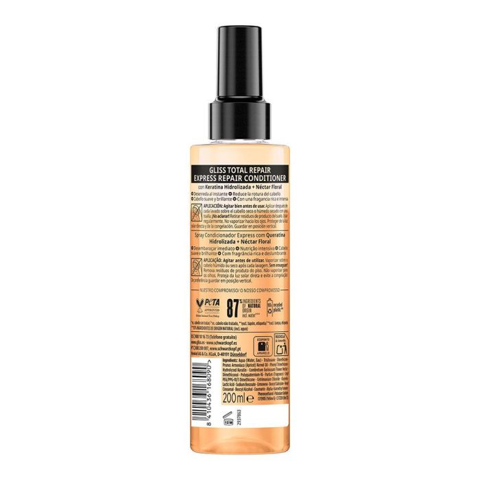 Schwarzkopf Mass Market GLISS TOTAL REPAIR Acondicionador Spray 200 ml con Queratina para Cabello Seco y Frágil sin Aclarado 1