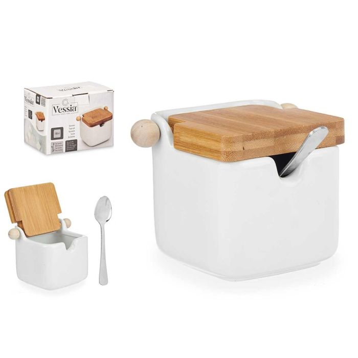 Azucarero de Cerámica Blanco con Tapa de Bambú Vessia 10.8x7.5x8 cm (6 Unidades) Azucarero de Cerámica Blanco con Tapa de Bambú Vessia 10.8x7.5x8 cm (6 Unidades)
