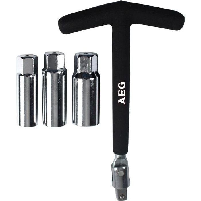 Llave para bujías articulada con doble rótula y manguitos surtidos de 16 mm, 18 mm y 21 mm. Mango en T antideslizante de acero inoxidable. Llave para bujías articulada con doble rótula y manguitos surtidos de 16 mm, 18 mm y 21 mm. Mango en T antideslizante de acero inoxidable.