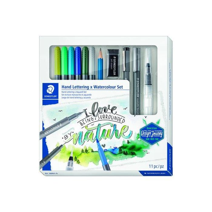 Rotulador Fibra Staedtler Hand Lettering Watercolour Set De 11 6X 3001 Rotulador Acuarelable Doble Punta 1X 308 05-9 Pigment Liner 1X 100-2B Lumograph 1X Marcador Metalizado 1X 949-M Pincel 1X 526 B30-9C Goma De Borrar