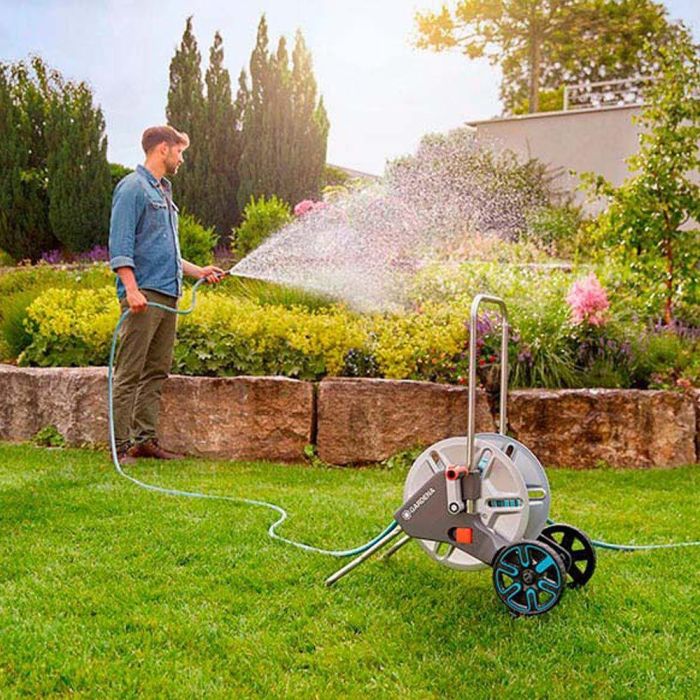 Gardena Carro de metal para manguera de 25 m, 5/8 pulg con manivela y soporte plegable