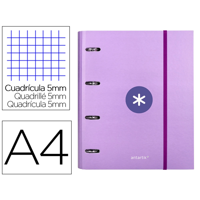 Antartik Carpeta con Recambio A4 Cuadro 5mm Forrada 4 Anillas 40mm Redondas con Solapa Color Lavanda 0 Antartik Carpeta con Recambio A4 Cuadro 5mm Forrada 4 Anillas 40mm Redondas con Solapa Color Lavanda 0