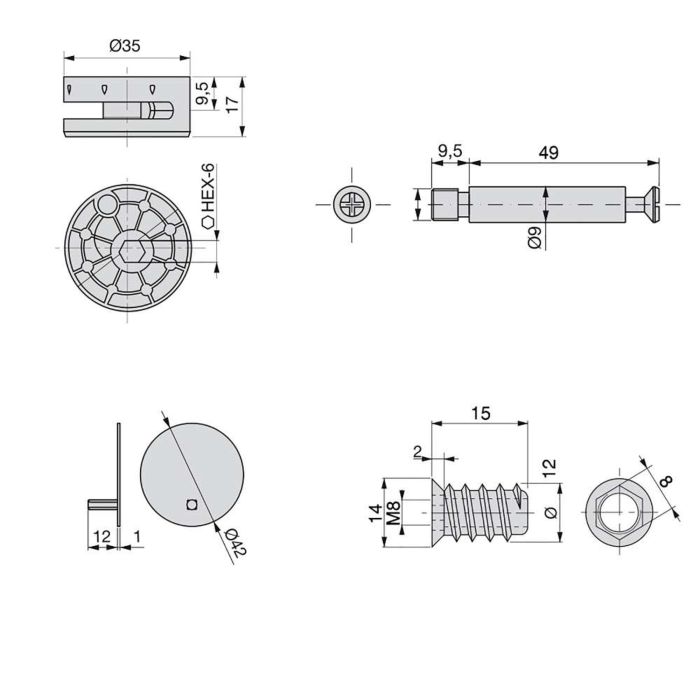 Emuca Lote de 10 excéntricas diámetro 35mm con perno y tuerca M8 con tapa de plástico blanco, para tablero 20mm, Zamak y Acero 2 Emuca Lote de 10 excéntricas diámetro 35mm con perno y tuerca M8 con tapa de plástico blanco, para tablero 20mm, Zamak y Acero 2