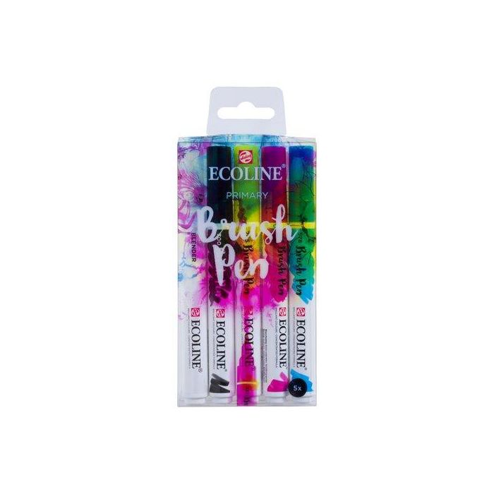 Talens Ecoline Rotuladores Brush Pen Punta Pincel Set 5 Unidades Colores Primarios, Negro y Mezclador