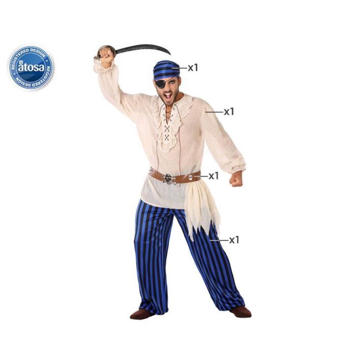 Disfraz de Pirata Corsario para Hombre Adulto Talla M-L, incluye Gorro Azul y Negro, Camiseta Blanco Roto, Pantalones a Rayas y Cinturón Marrón Disfraz de Pirata Corsario para Hombre Adulto Talla M-L, incluye Gorro Azul y Negro, Camiseta Blanco Roto, Pantalones a Rayas y Cinturón Marrón