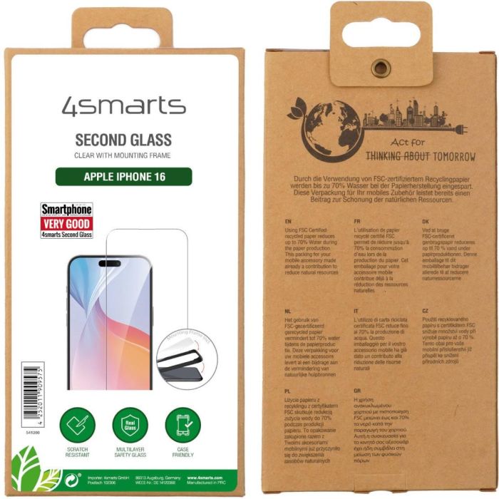 4smarts Protector de Pantalla Cristal Templado Second Glass para iPhone 16 con Montaje 541200, Transparente, Resistente a Impactos y Rayones, 9H 5