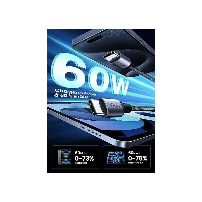 UGREEN Cable USB-C de Datos 1 m Negro Nailon 60W PD Fast Charge AAAAR48863