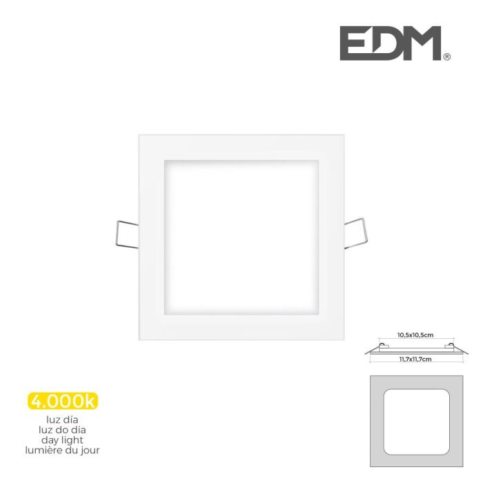 Mini downlight led empotrable cuadrado 6w 4000k luz dia. color blanco 11,7x11,7cm edm 1