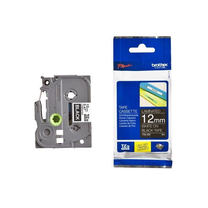 Brother TZe Cinta Cassette 12 mm Blanco sobre Negro, 8m para Impresoras de Etiquetas P-touch