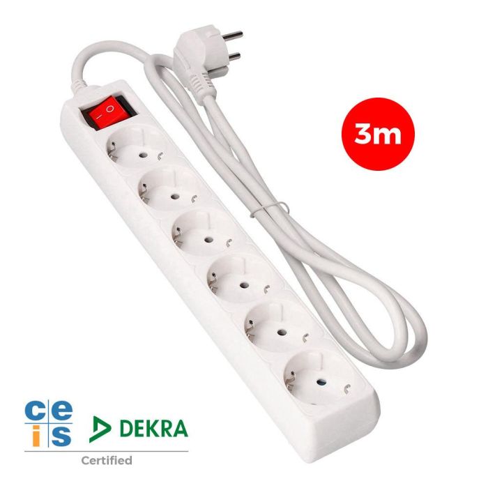 Prolongador con 6 tomas 2p+t, 16a 250v~ con interruptor luminoso, 3 m de cable h05vv-f 3g1,5mm² blanco