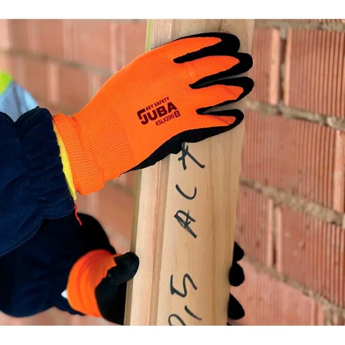 Guante poliéster con palma látex rugoso, keep safe, naranja y negro, t-7 s 2