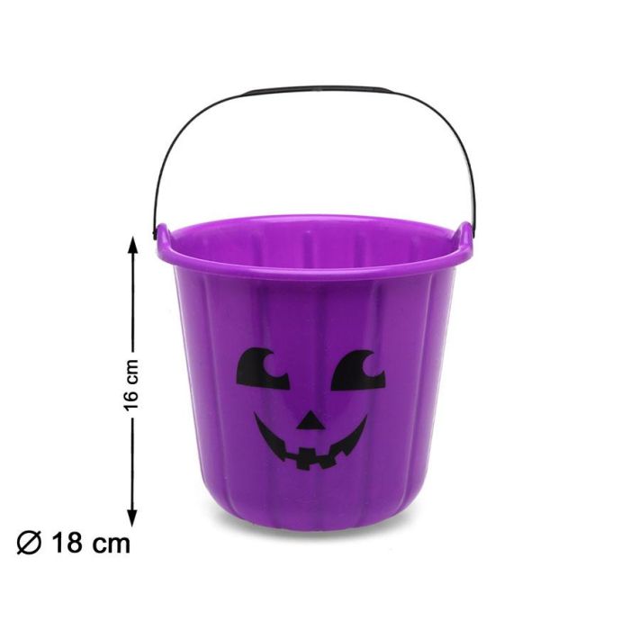 Cubo Halloween Calabaza Morado con Cara Sonriente 16 x 18 cm para Caramelos y Decoración Infantil