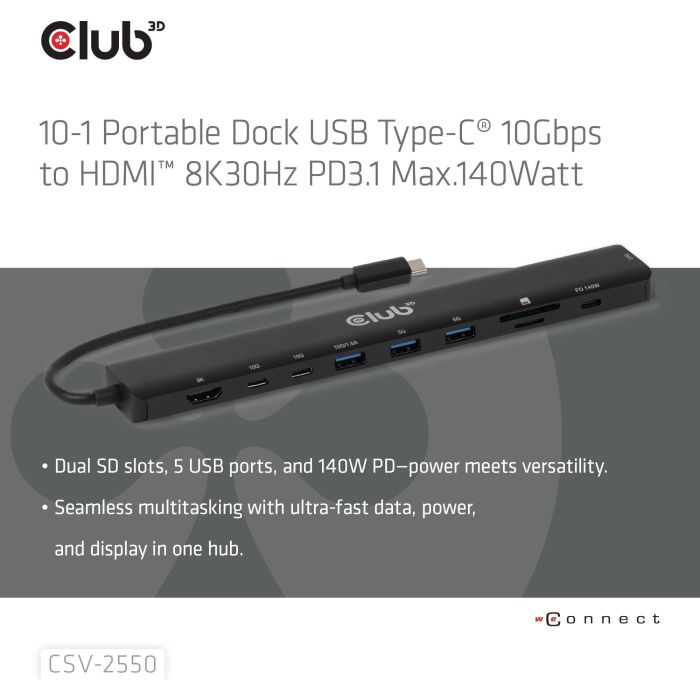 Club3D CSV-2550 Hub USB-C 10 en 1 con HDMI, 3xUSB-C, 3xUSB, LAN, 8K30Hz y Power Delivery 140W 2 Club3D CSV-2550 Hub USB-C 10 en 1 con HDMI, 3xUSB-C, 3xUSB, LAN, 8K30Hz y Power Delivery 140W 2