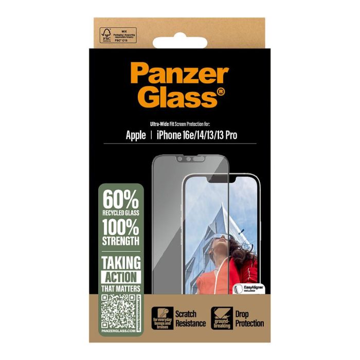 PanzerGlass UWF Protector de Pantalla para iPhone 16e, 14, 13, 13 Pro Ultra-Wide Fit con EasyAligner Vidrio Templado Transparente Resistente a Golpes y Rayones 2