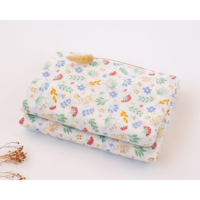 KioKids Muselina de Bebé 120x120 cm Estampado Florecitas - 70% Bambú 30% Algodón 140 gr Suave Termoclimática, Certificado OEKO-TEX Standard 100