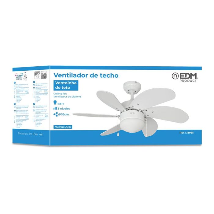 Ventilador de techo modelo aral. color blanco. potencia: 50w aspas: ø76cm edm 4