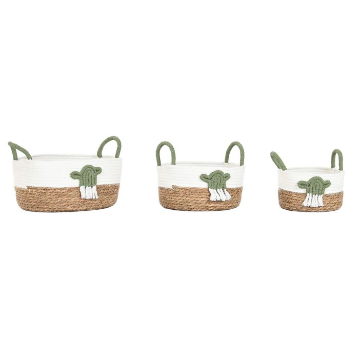 DKD Home Decor Cesta Boho de Fibra y Algodón Blanco Verde Natural 30x30x15 cm Set 3 Piezas (2 Unidades)
